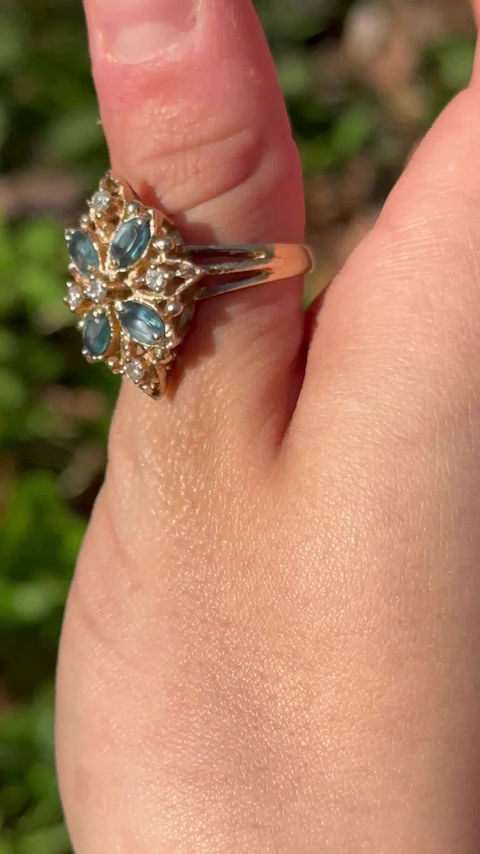 Thumbnail: 1970s vintage 14k gold blue topaz and diamond ring 