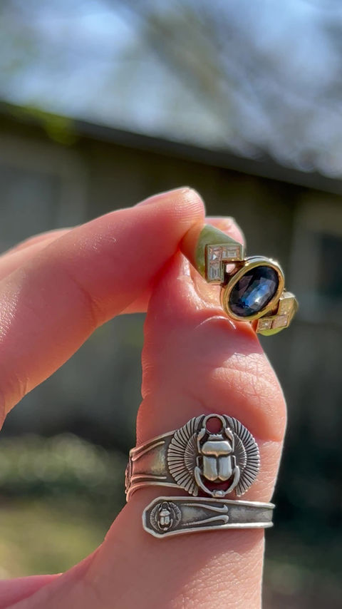 Thumbnail: 1940s 14k blue sapphire with elegant emerald cut diamond accents 