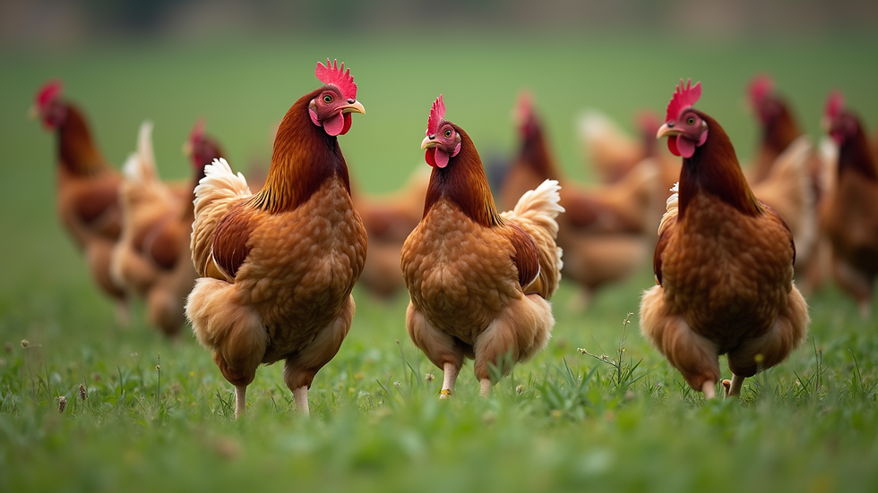 High angle view of a pasture where hens roam freely