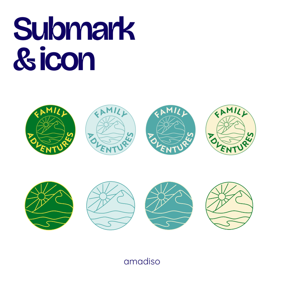 Family Adventures submark and icon set in green, teal, light blue and cream from the CI colour system