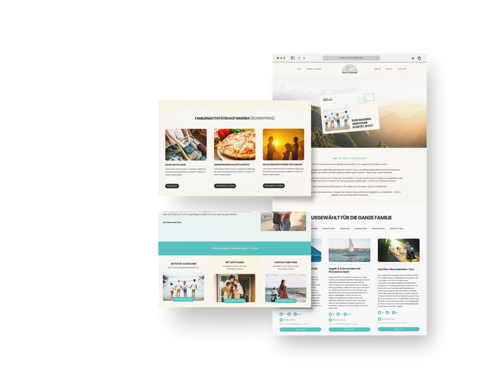 Family Adventures website subpages on desktop and tablet showing Madeira activities and partner sections