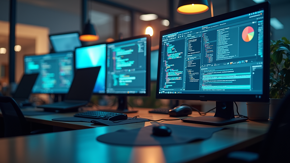 Eye-level view of a modern office workspace with multiple computer screens showing software development