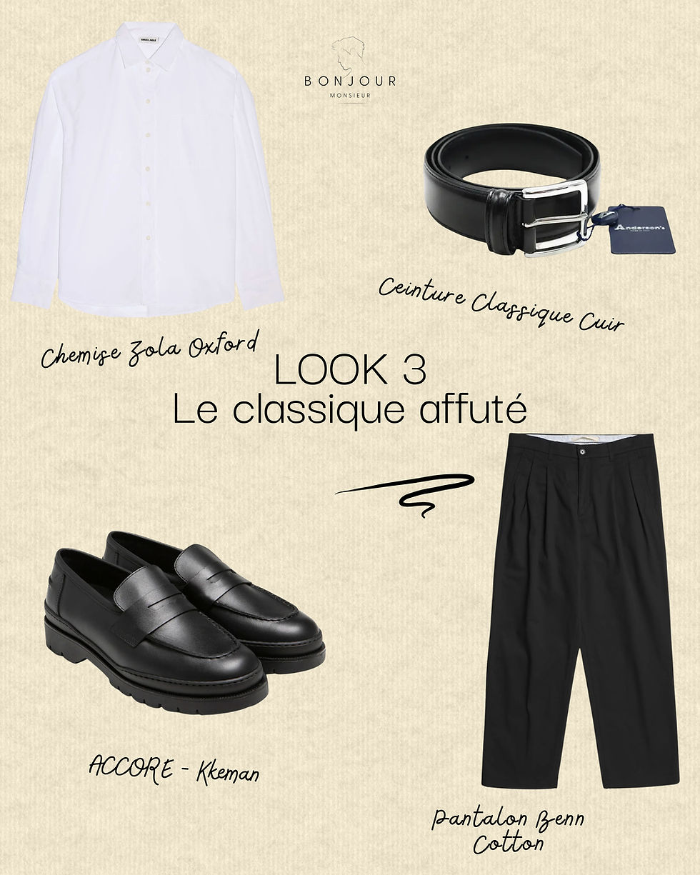 Chemise blanche, ceinture noire en cuir, pantalon noir, mocassins noirs. Texte: "LOOK 3 Le classique affûté", arrière-plan beige.