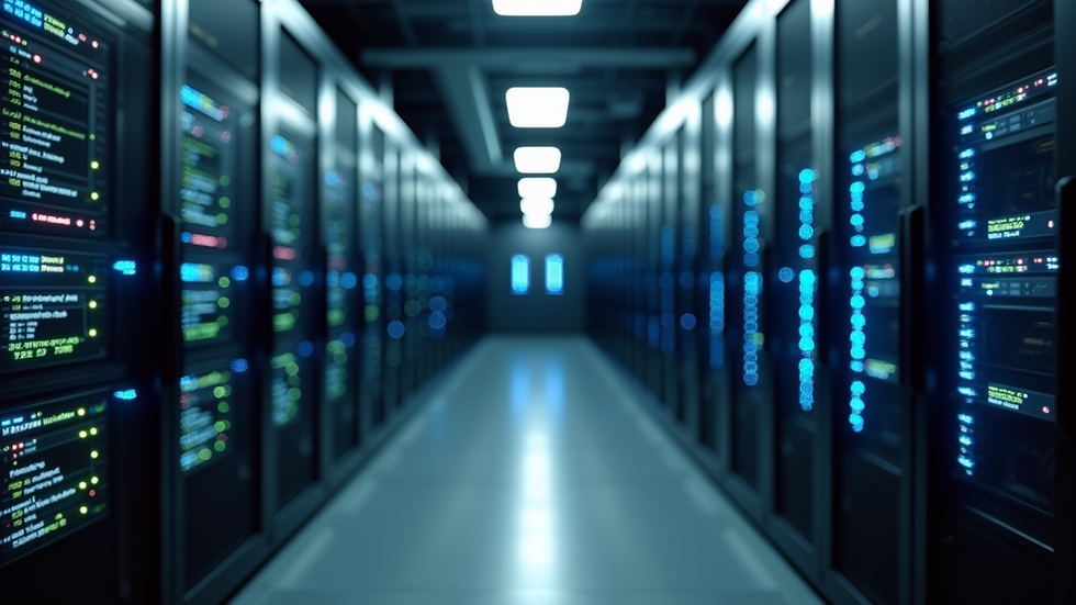 Eye-level view of a server room with blinking network equipment