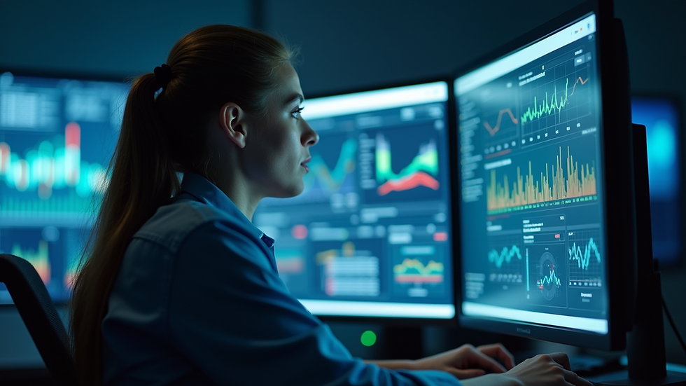 Close-up of a technician monitoring cybersecurity dashboards