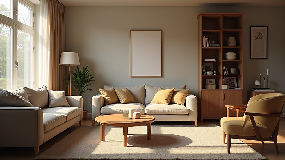 Eye-level view of a cozy living room with natural light