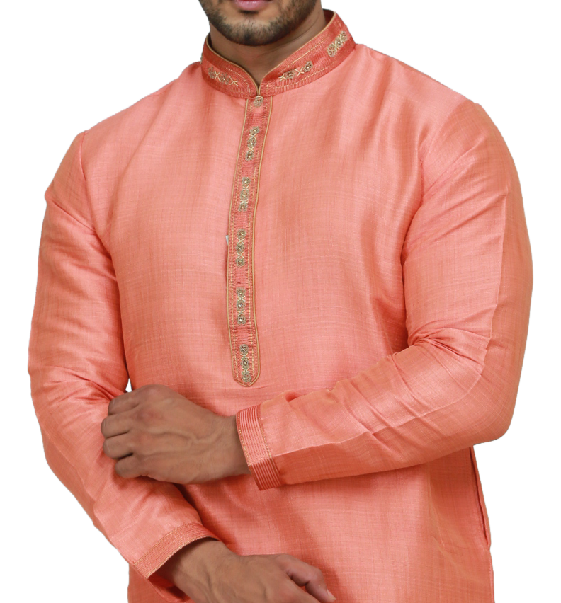 Ethnic | Woven Art Silk Kurta Set in Peach | Indian | Kurta Paijama
