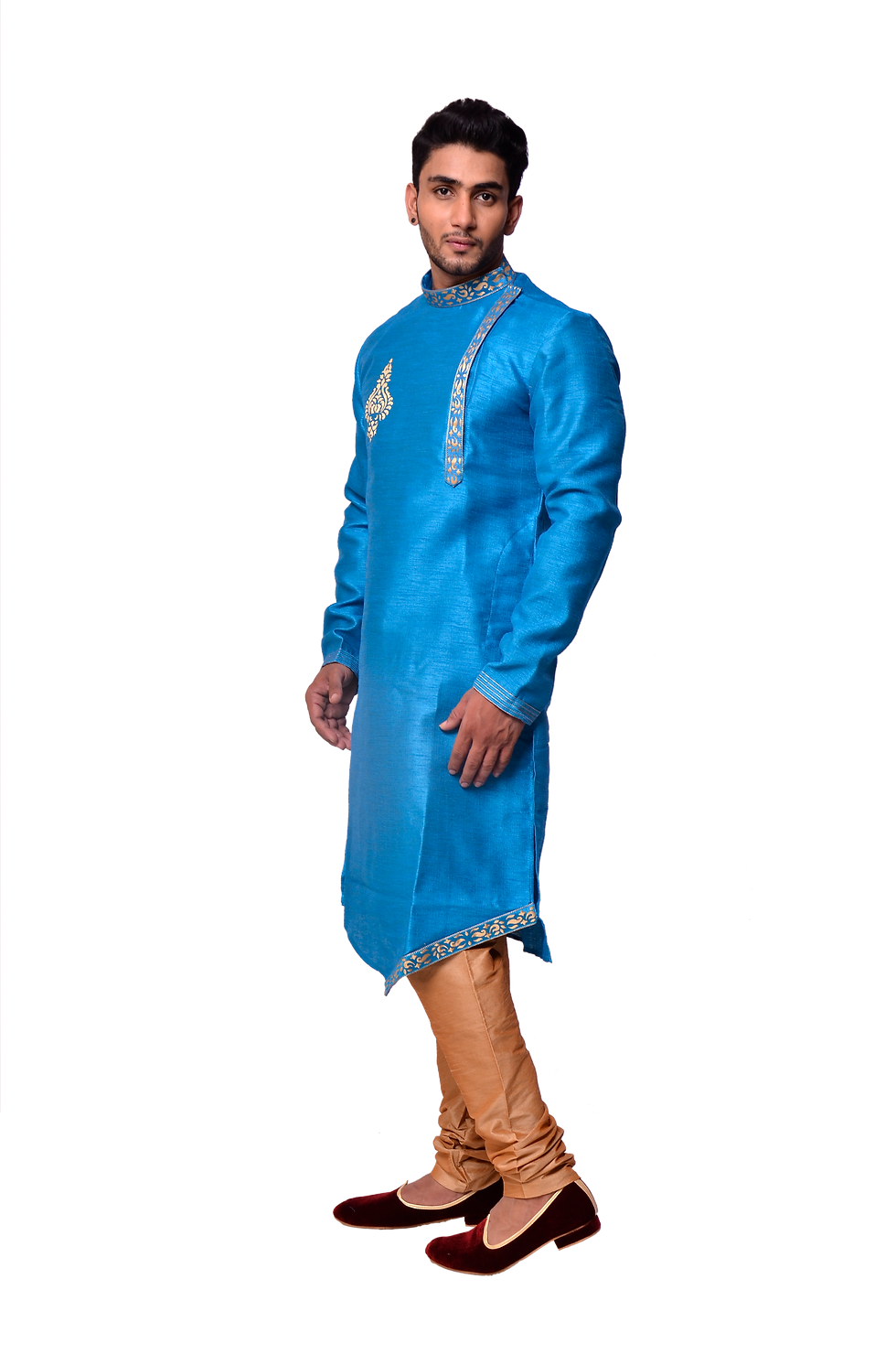 Thumbnail: Ethnic | Embroidered Art Silk Kurta Set in Firozi Blue | Indian | Kurta Paijama