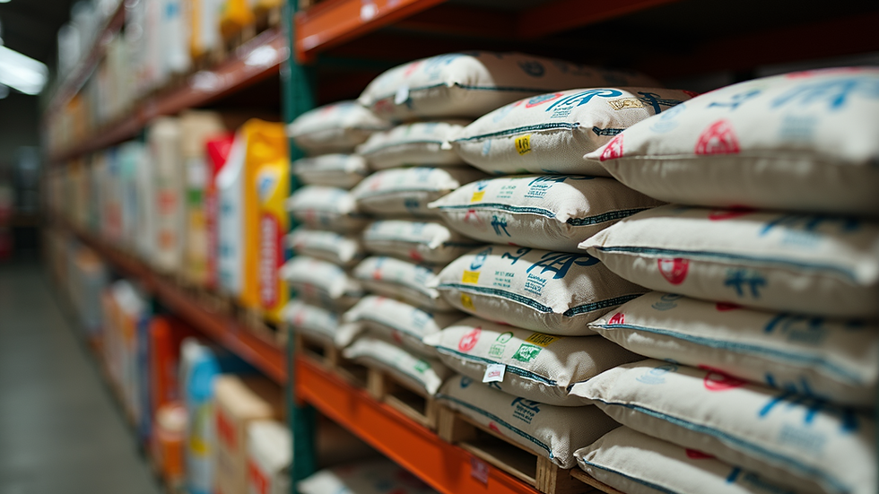 Close-up view of a variety of poultry feed bags stacked on shelves