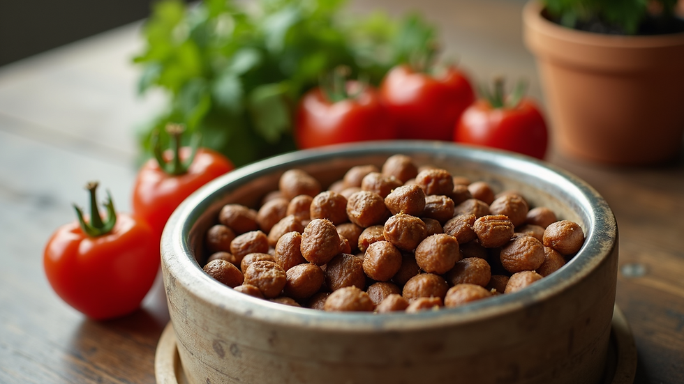 High angle view of natural pet food bowls filled with fresh ingredients