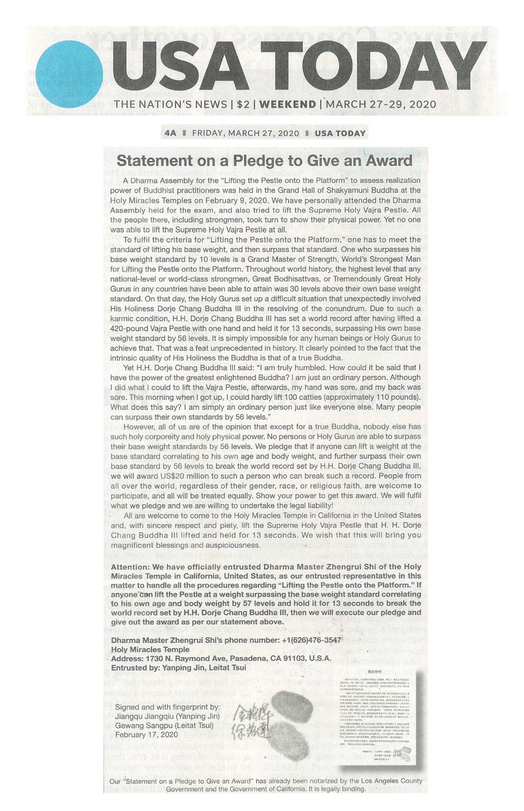 Dorje Chang Buddha III |Statement on a Pledge to Give an Award (USA Today March 27, 2020 )