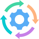 Gear icon surrounded by a continuous cycle of arrows, symbolizing efficient processes, continuous improvement, and streamlined operations.