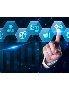 Hand interacting with a glowing digital interface displaying icons for global reach, mobile apps, marketing, and settings, symbolizing technology integration and business systems automation.