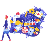 Illustration of a business professional walking forward, leaving a trail of business, creative, and technology-related icons behind him, symbolizing comprehensive expertise or a full suite of services.