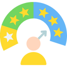 Illustration of a person with an upward-trending arrow towards a higher-rated section of stars, symbolizing improved performance, growth, or positive results.