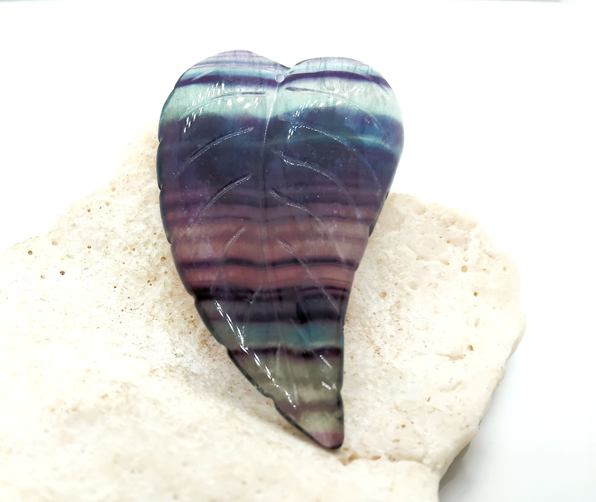 130cts Purple Fluorite Carved Long Leaf Pendant Approx 70x40mm
