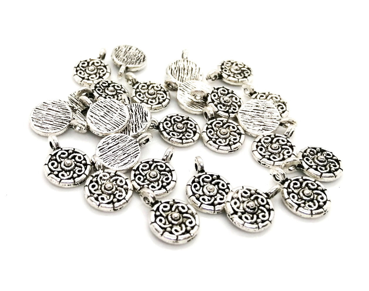Small Patterned Round Metal Disc Charm - Antique Silver - Pack of 25