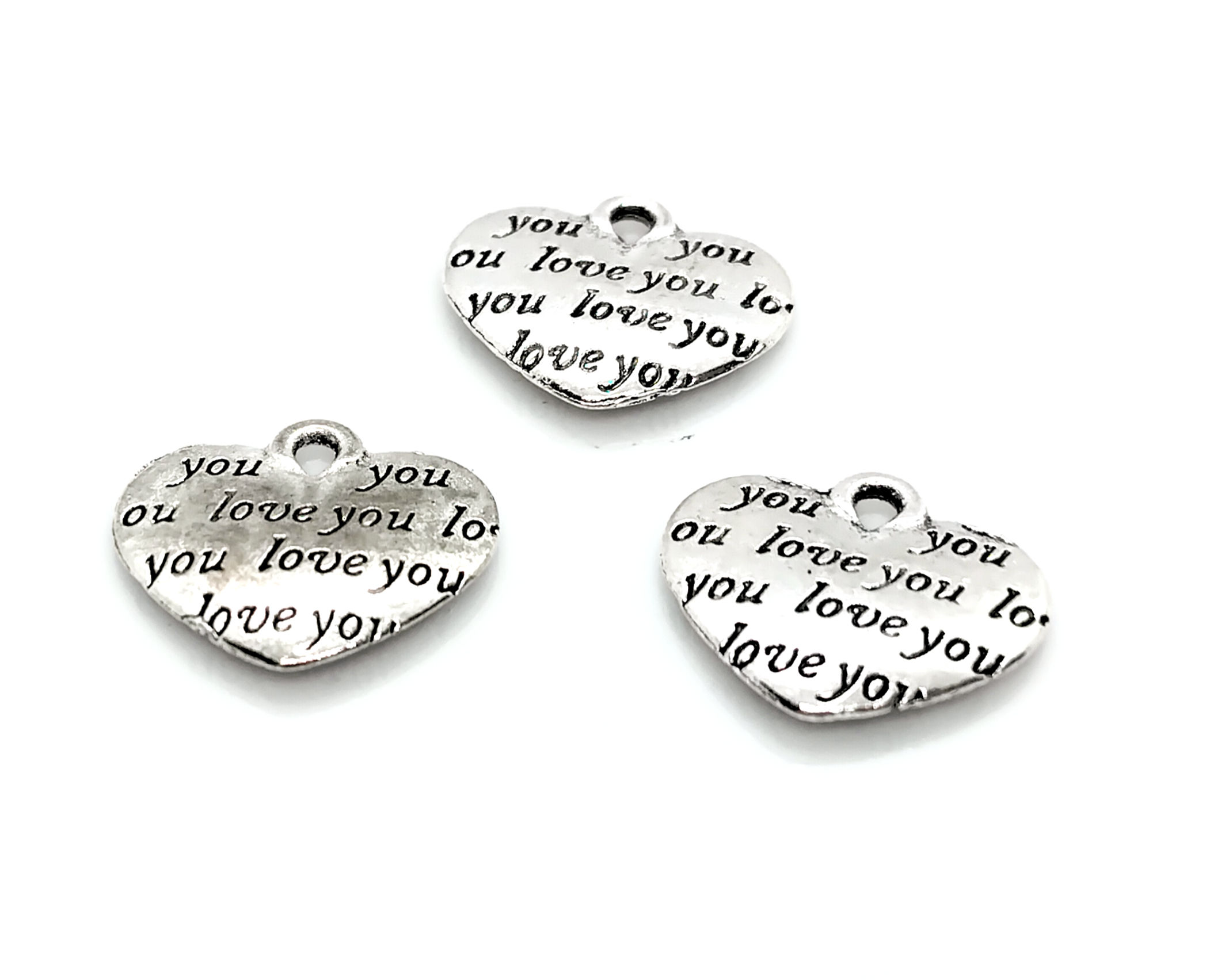 Metal 'Love You' Heart Charm 14mm - Antique Silver - Pack of 10