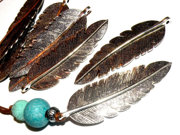 Large Antique Silver Feather Pendant - Pack of 2