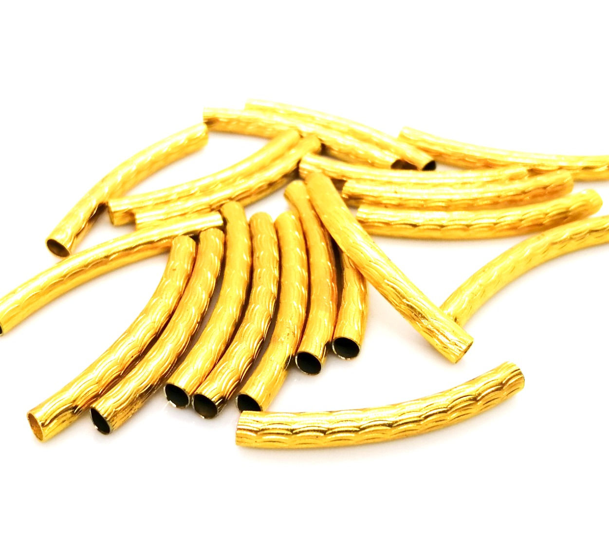 Curved Diamond Cut Metal Noodle Tube Bead 34mm - Bright Gold - Pack of 5