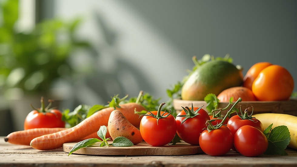 Vista a nivel de mesa con alimentos saludables y naturales para una dieta equilibrada