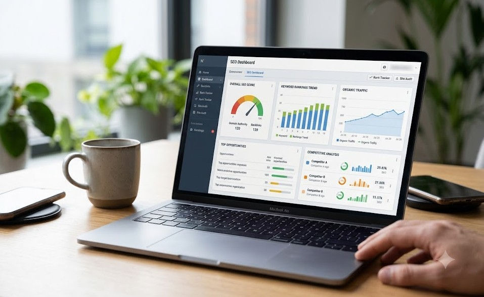 木製の机の上のMacBookにSEO Dashboardのグラフが表示され、横にマグカップとスマホ、手が置かれた明るいオフィス。