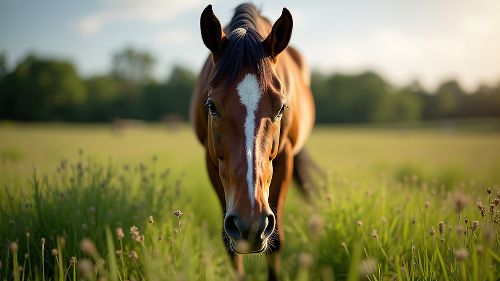 Eye-level view of a serene horse grazing in a lush pasture