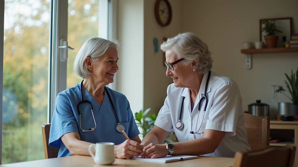Eye-level view of a caregiver assisting a senior with daily activities