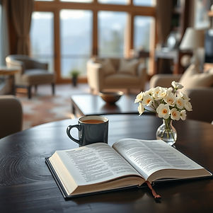 In the great room of an affluent mountain retreat, the image focuses in on an open Bible s