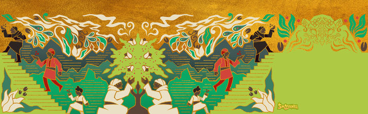 Geometric-style mountain landscape, with men picking coffee beans