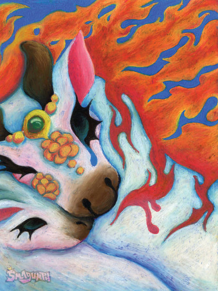 oil pastel poster of a mother cow protecting her calf from fire