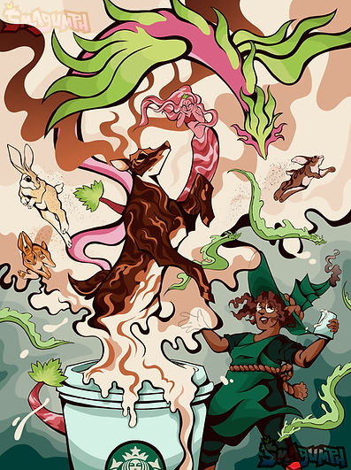 Magical animals like rabbits, mermaids, dragons , and a deer erupt from a cup-shaped cauldron to the amazement of a witch dressed in green.