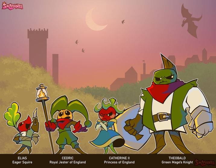 Lineup of vegetable-headed characters: Elias, Cedric, Catherine II, & Theobald