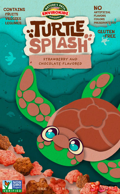A cartoon turtle in an ocean background surrounded by pink and brown cereal. Label reads "Turtle Splash strawberry and chocolate flavored", "contains fruit, veggies, legumes, gluten free, no artificial flavors, colors, preservatives"