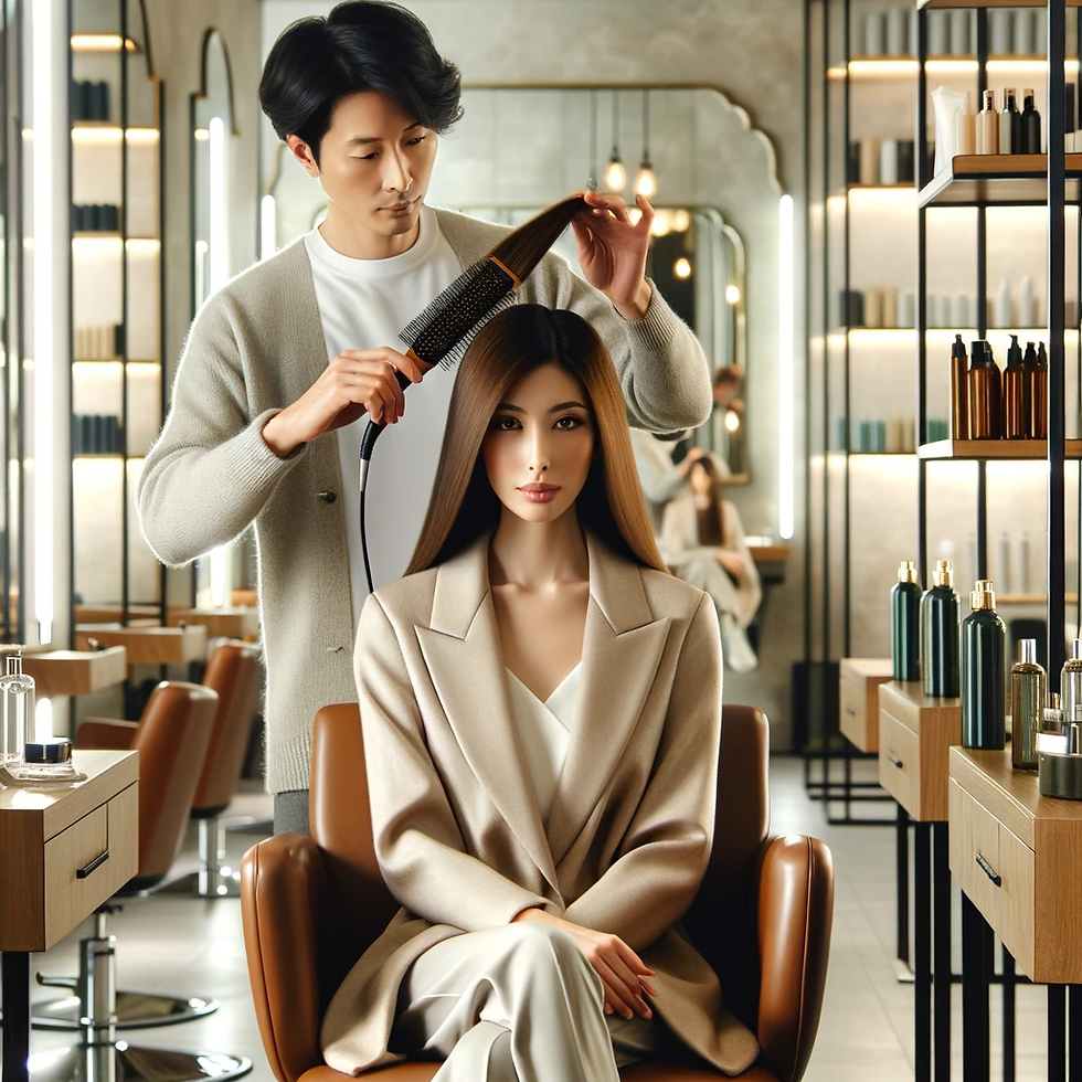 scène de lissage de cheveux dans un salon de coiffure élégantrecevoir un traitement de lissage par un coiffeur professionnel