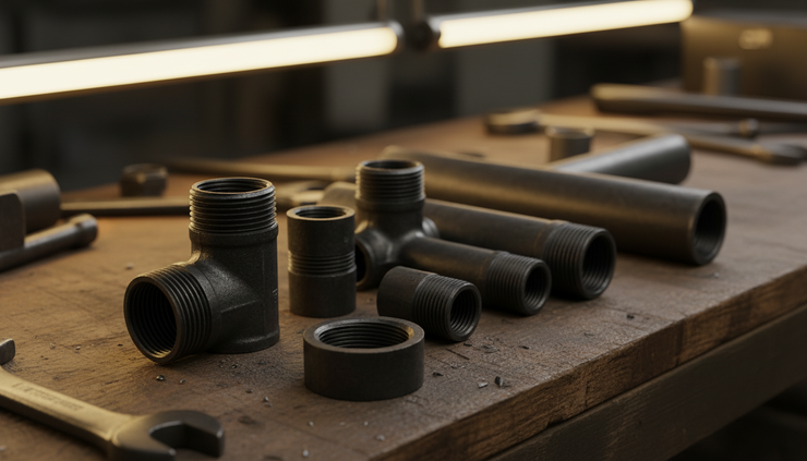 Eye-level view of threaded black malleable iron fittings arranged near steel pipes in a workshop