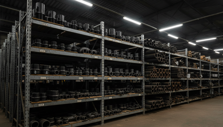 Wide-angle view of black threaded malleable iron fittings stored neatly beside steel pipes on warehouse shelving
