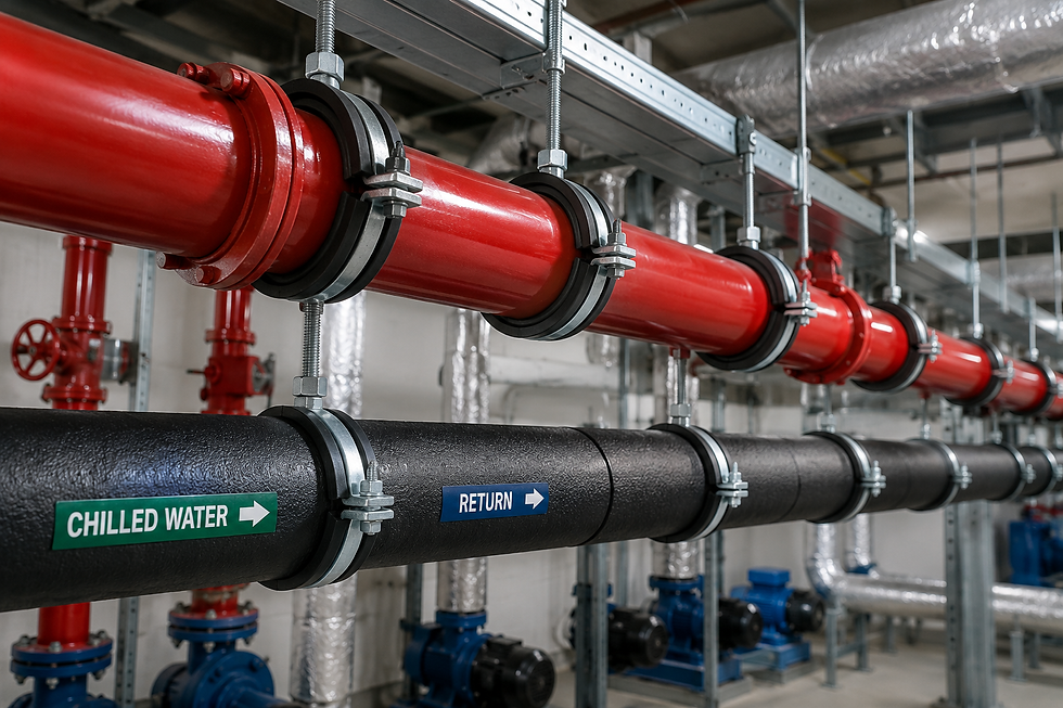 Industrial pipe installation with vivid red pipes