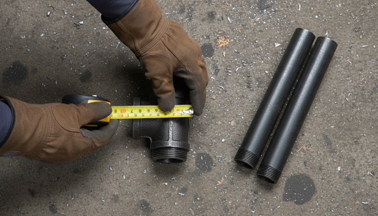 Top-down view of a pipe installer measuring a reduced threaded bend beside steel pipe sections