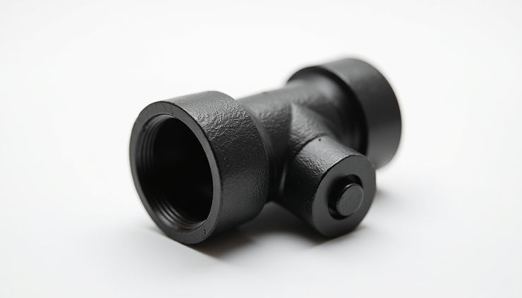 Close-up view of reducing tee black steel threaded malleable iron fitting