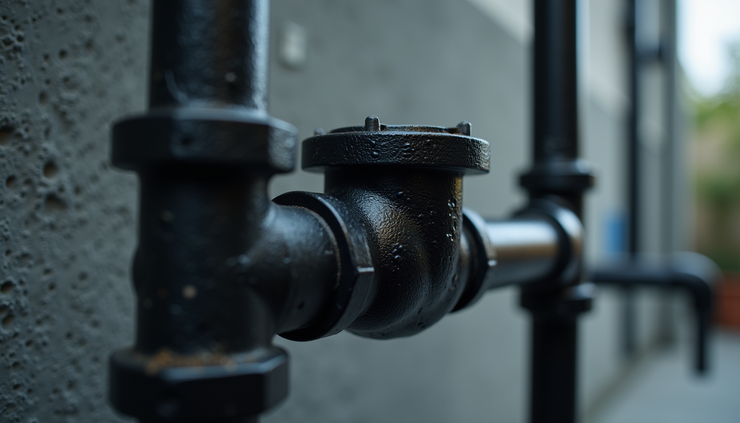 Eye-level view of plumbing system with reducing tee black steel threaded malleable iron installed