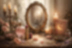 Modern glamour magick vanity with herbs, crystals, perfume bottles, and candles for confidence rituals