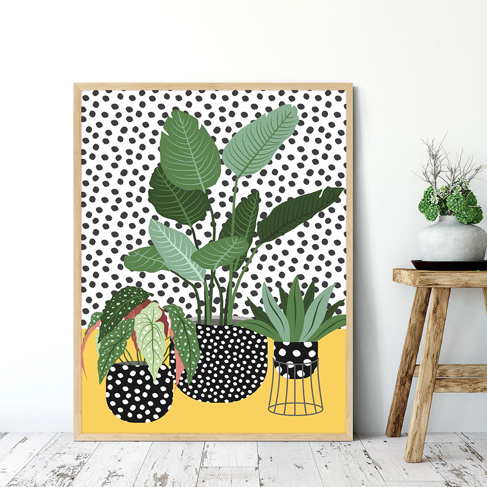 Quirky Plants in Spotty Vases Canvas Painting 