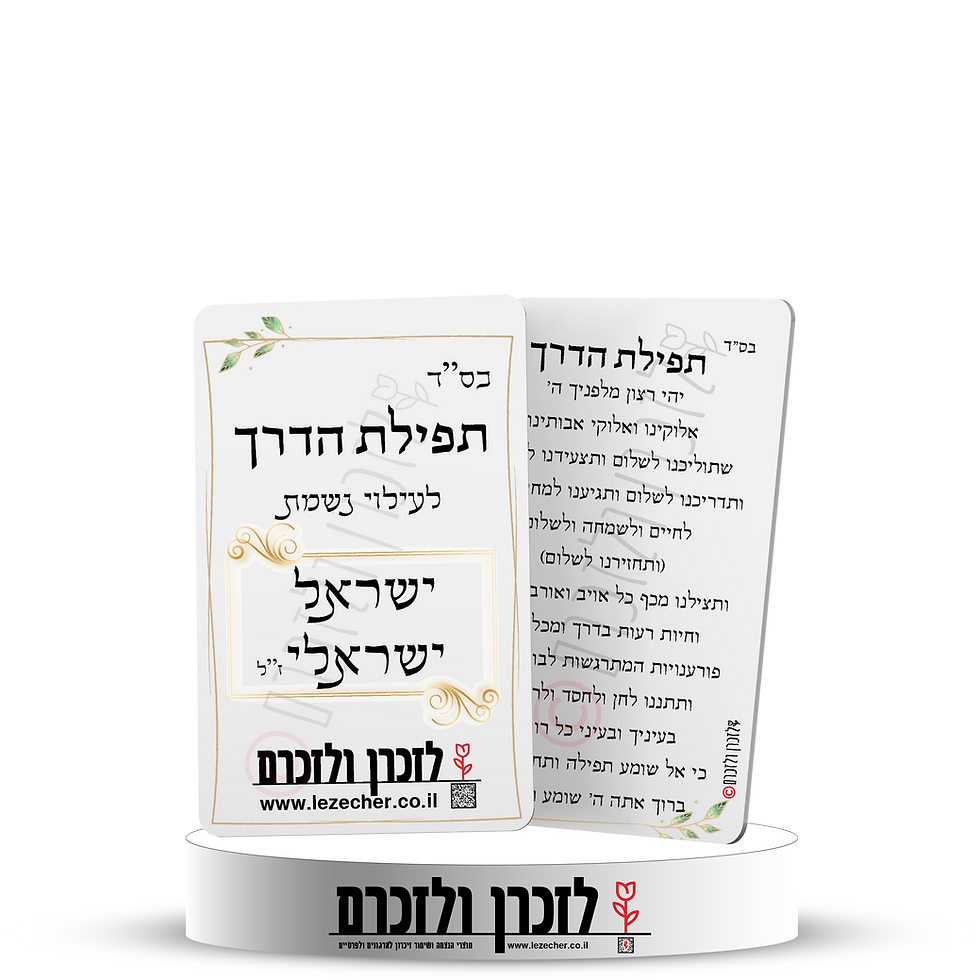 תמונה ממוזערת: שני כרטיסים על במה עם הסמל של האתר לזכרן ולזכרם. על כרטיס 1 מוצגים פרטי הכרטיס ושם הנפטר. על כרטיס 2 מוצגת תפילת הדרך.