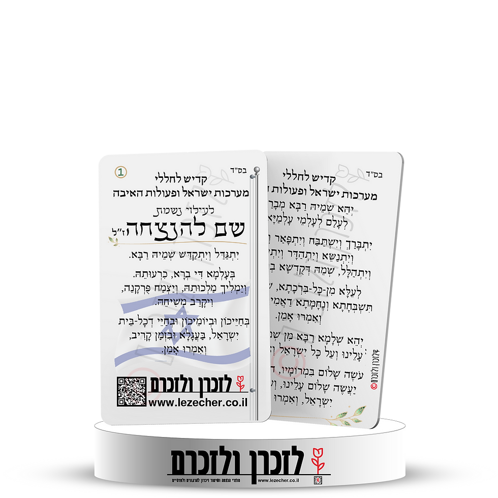 תמונה ממוזערת: 2 כרטיסים על במה עם הסמל של האתר לזכרן ולזכרם. כרטיס 1 שם הנפטר להנצחה. כרטיס 2 קדיש לזיכרון חללי מערכות ישראל ופעולות האיבה