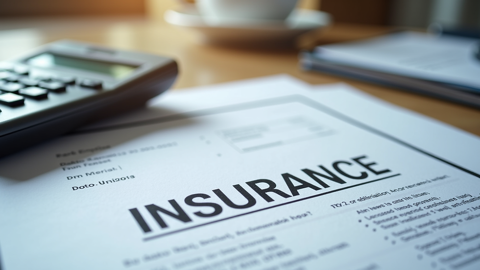 Close-up view of insurance documents and a calculator on a desk