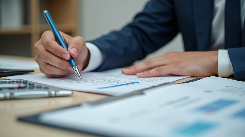 Close-up view of a business owner reviewing insurance documents at a desk