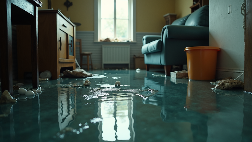 Close-up view of a flooded basement with water covering the floor and damaged belongings