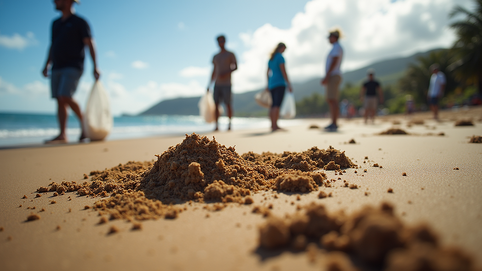 Eye-level view of a beach cleanup event on Kauaʻi