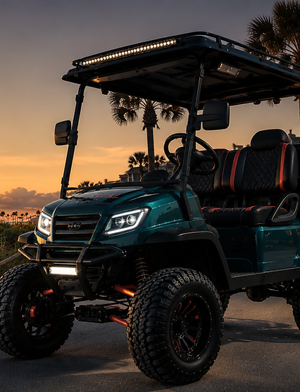 Golf cart on beach path at sunset